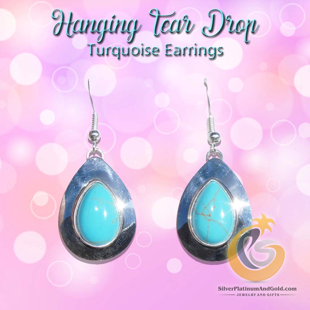 Sterling Silver Faux Turquoise Cabochon Tear-drop Earrings
