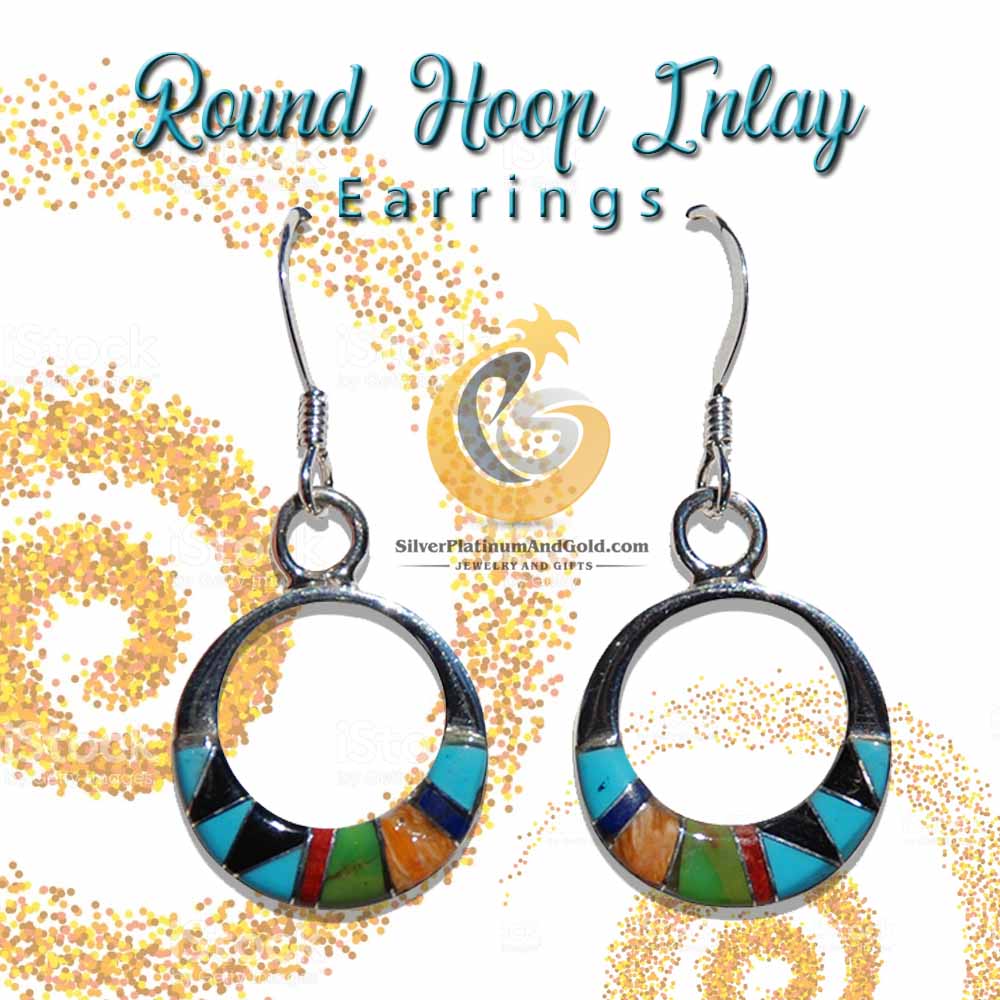 Sterling Silver Inlaid Multi-stone Hoop Earrings Lapiz, Onyx & Turquoise